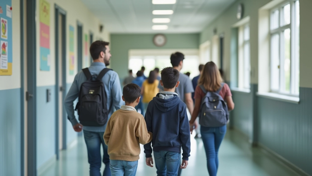 Family walking through school hallway during campus tour, looking at classrooms and bulletin boards