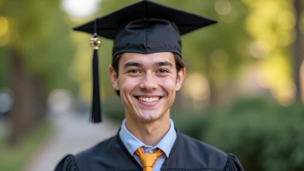 Graduate student in cap and gown at commencement ceremony, proud achievement moment