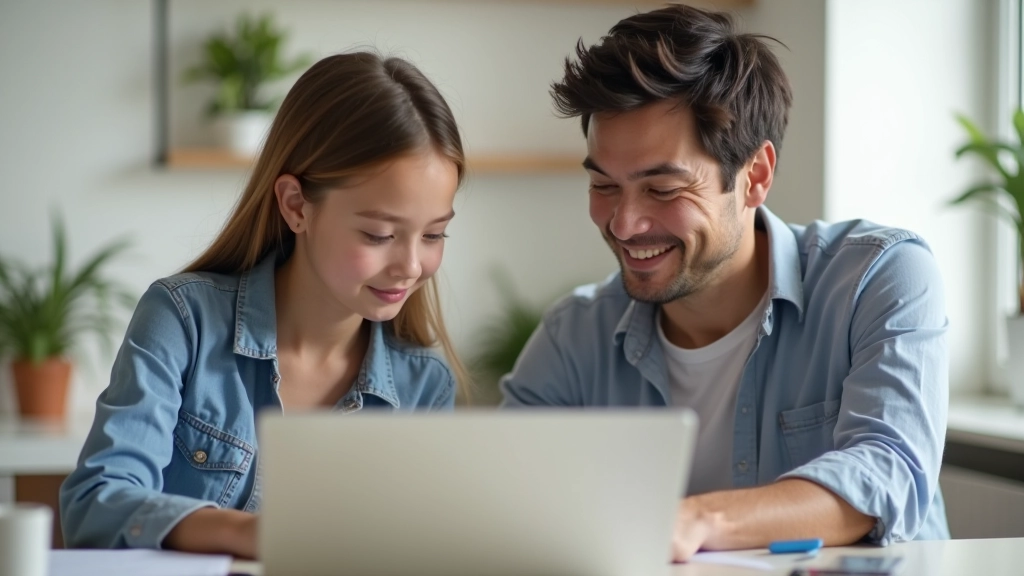 Parent and middle school student aged 12-13 sitting together reviewing activity options on laptop in home office