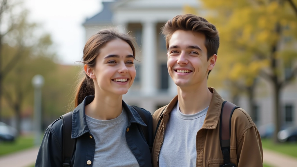 Parent and student visiting college campus together, exploring campus buildings and green spaces