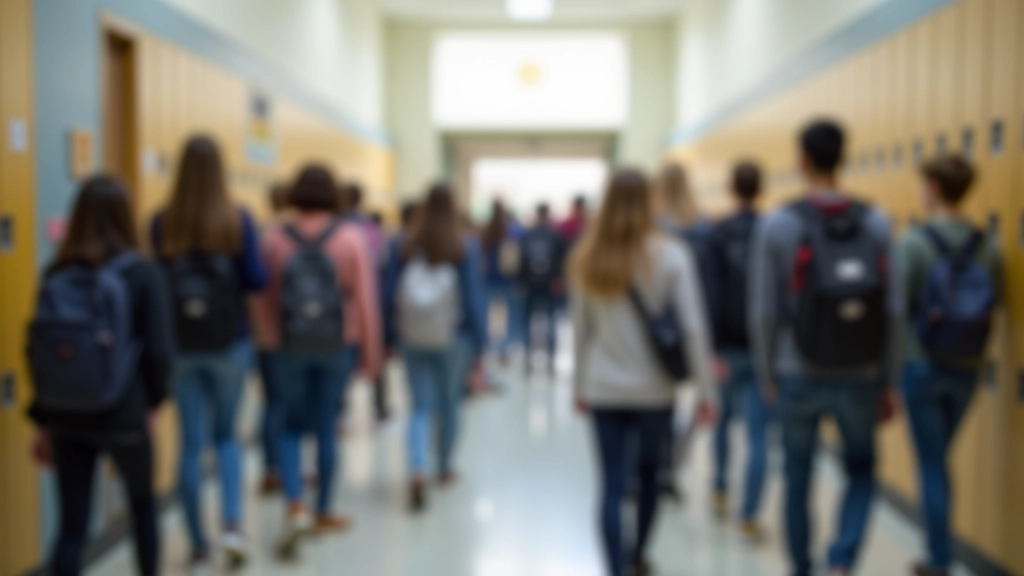 Students in school hallway between classes, talking and walking together in diverse groups
