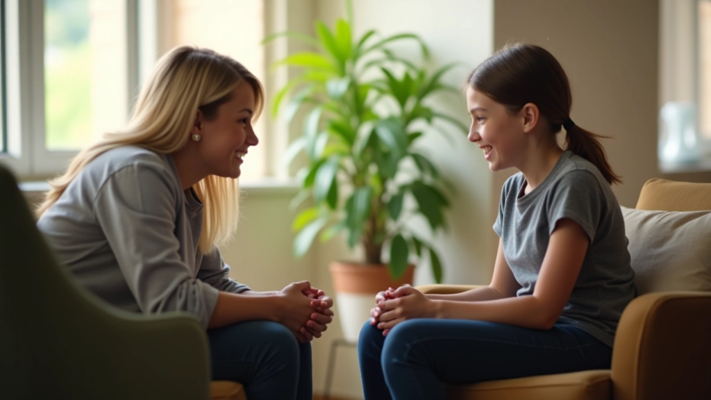 School counselor or administrator sitting across from student in office, having a supportive conversation