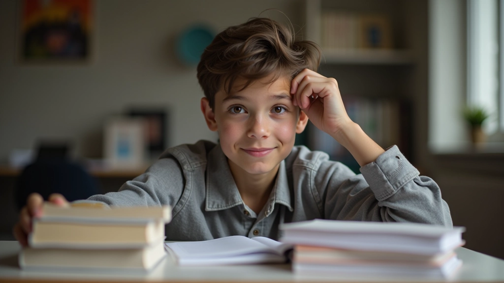 Student looking stressed while studying with textbooks and sports equipment piled on desk