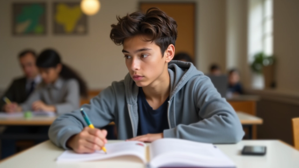 Teenager working on PSAT practice test, focused study materials, test preparation environment