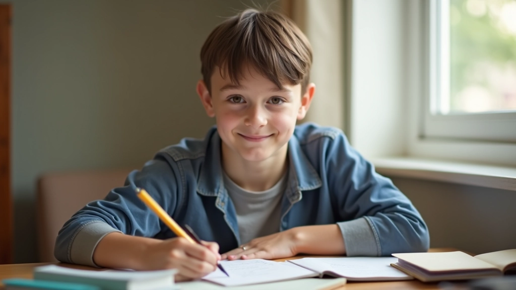 Teen student at desk with textbooks and study materials, organized workspace setup