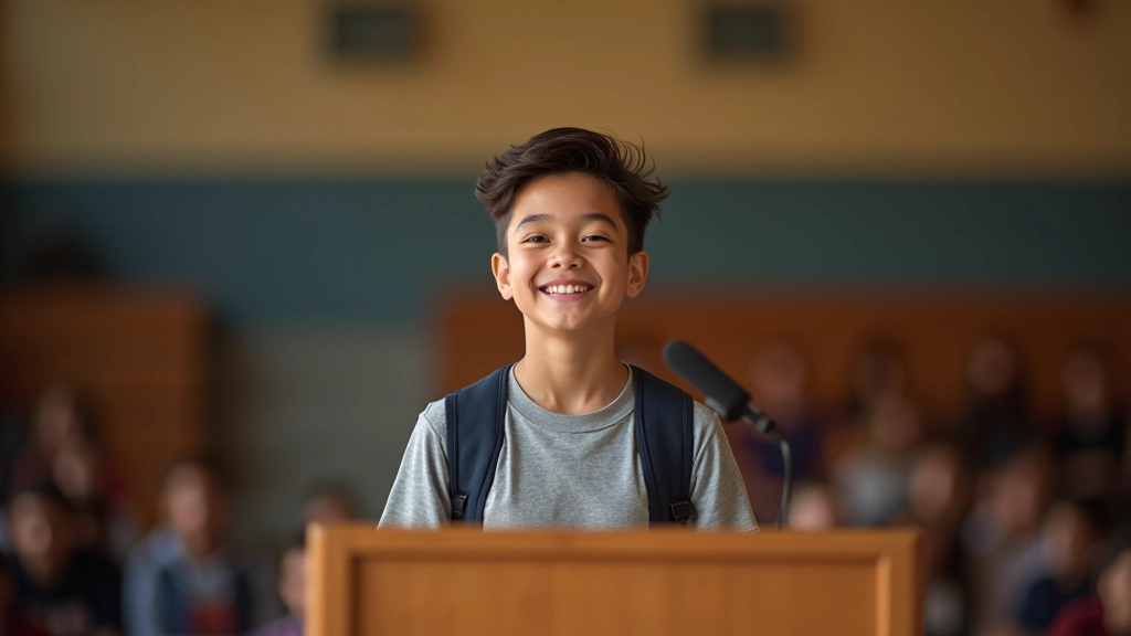High school student smiling confidently while presenting project to small audience in school gymnasium