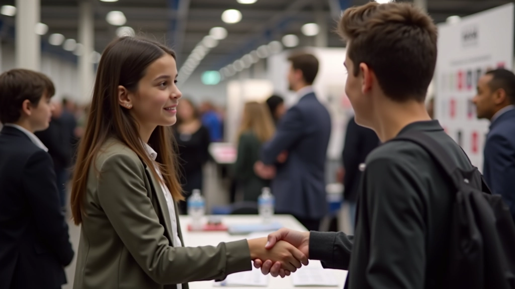 Young person at career fair booth talking with professional mentor about different career options